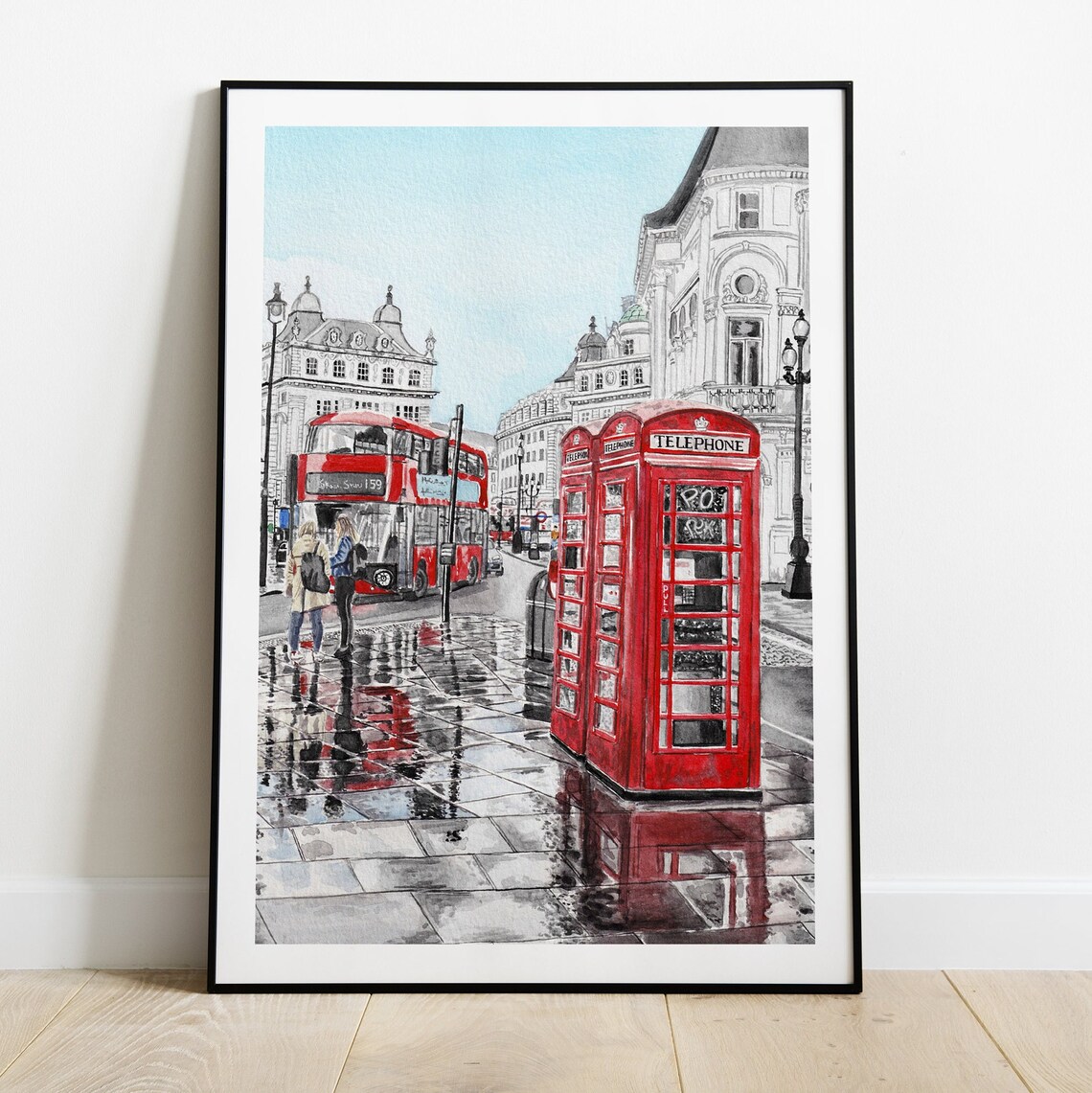 London Red Telephone Booths Rainy Piccadilly Street Watercolor Poster - Image 2