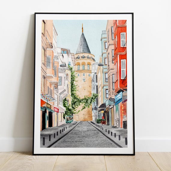 Galata Tower Watercolor Art Print, Istanbul Cityscape