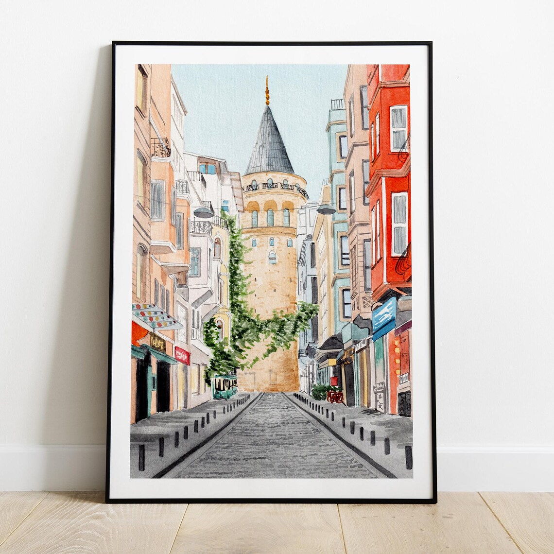 Galata Tower Watercolor Art Print, Istanbul Cityscape