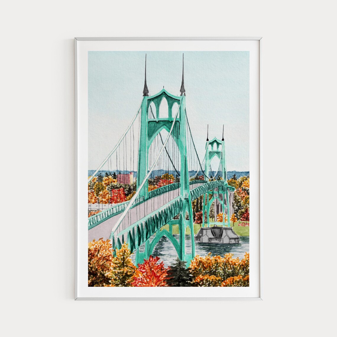 Portland St Johns Bridge Watercolor Autumn Foliage Oregon Poster