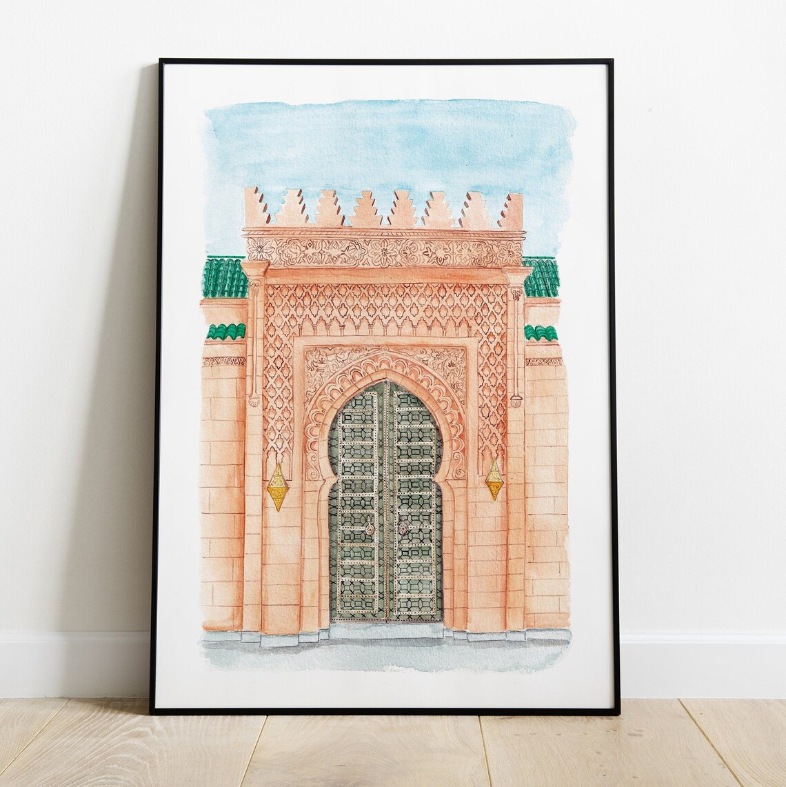 Ornate Moroccan Palace Gate Carved Stone Green Door Watercolor Poster - Image 2