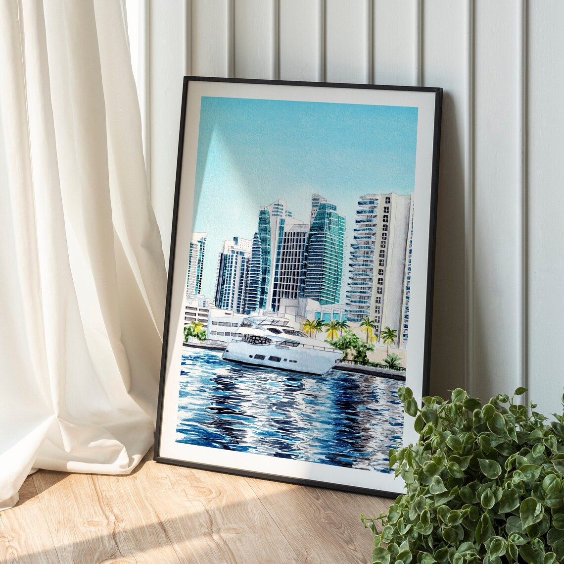 Miami Skyline Yacht Waterfront Watercolor Cityscape Florida Poster - Image 2