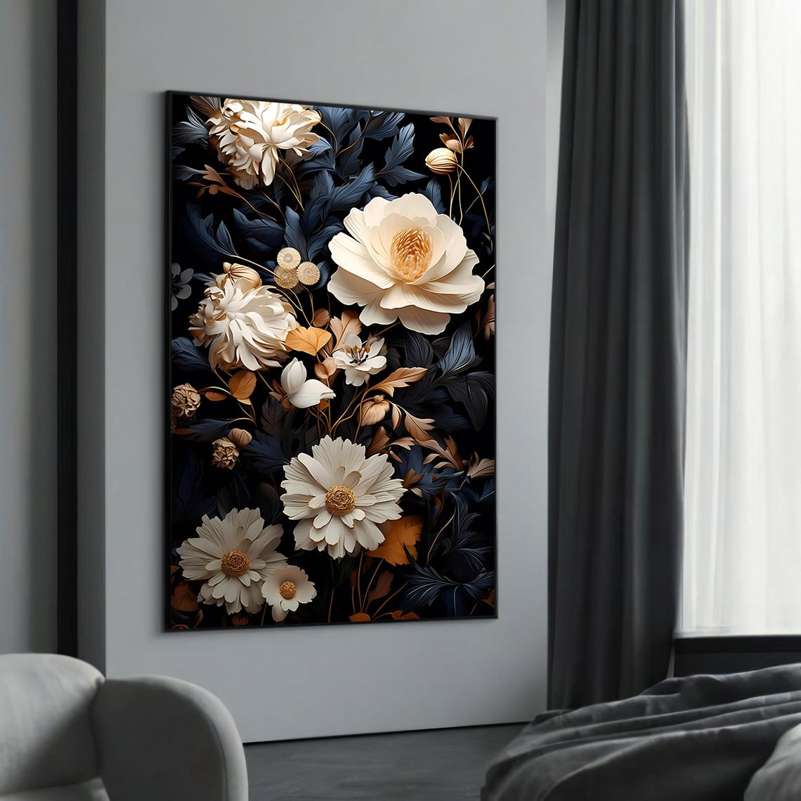 White And Gold Flowers On Dramatic Black Background Floral Poster