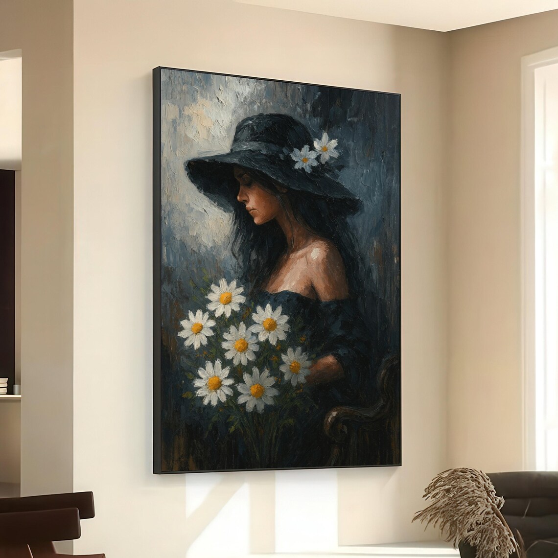 Woman In Dark Hat With Daisies Moody Floral Portrait Art Poster