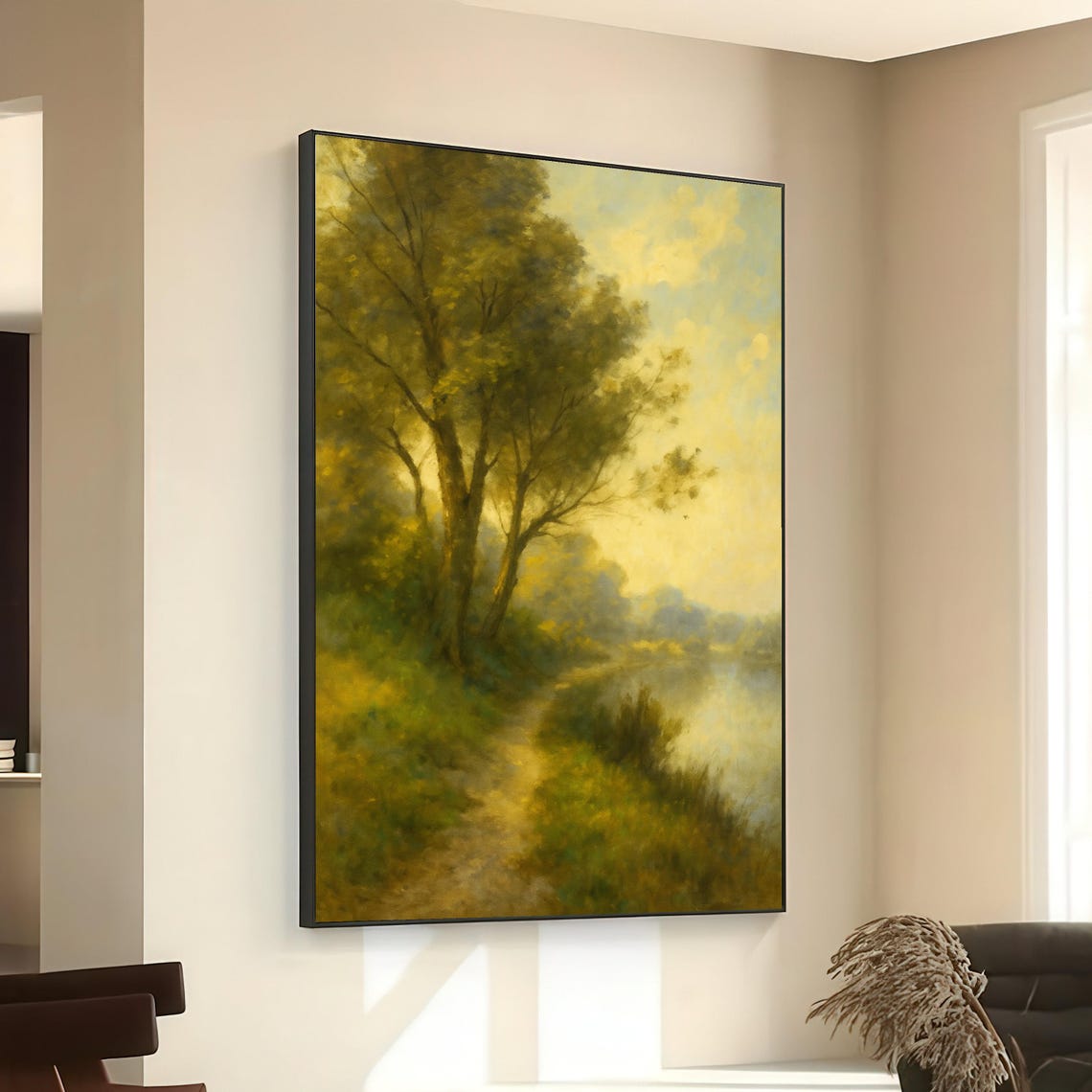 Tranquil River Pathway Golden Light Trees Impressionist Poster