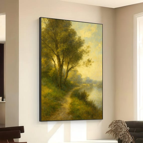 Tranquil River Pathway Canvas Soft Light Landscape Wall Art Serene Nature Scenery Misty Woods Painting Home Decor
