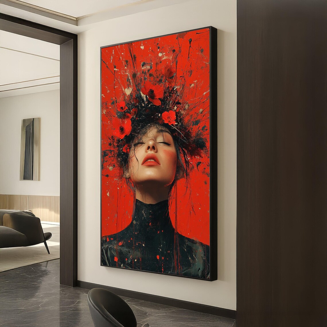 Woman Red Floral Crown Fiery Red Background Bold Modern Beauty Poster
