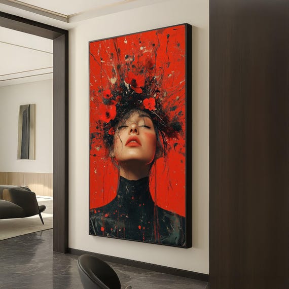Abstract Woman Portrait Canvas Red Floral Crown Art Modern Face Painting Bold Expression Wall Contemporary Home Decoration