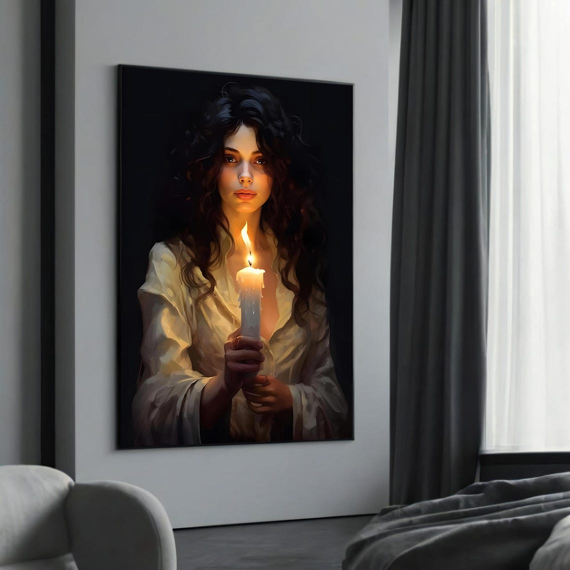 Serene Woman Holding Candle Art Print Dark Mysterious Portrait Style