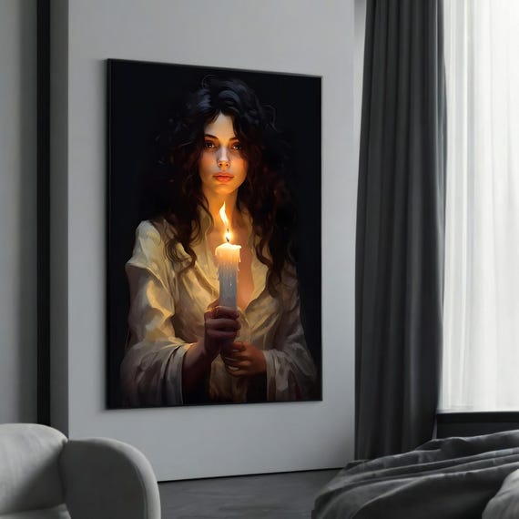 Serene Woman Holding Candle Dark And Mysterious Portrait Atmospheric Wall Art Unique Emotional Canvas Painting