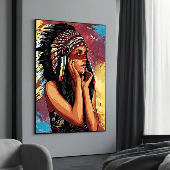 Native American Woman Feather Headdress Colorful Pop Art Poster