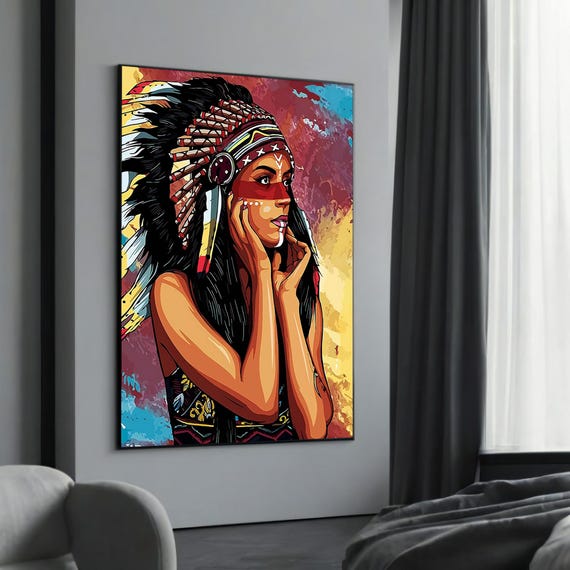 Vibrant Ethnic Woman In Traditional Headdress Colorful Modern Art Canvas Painting Unique Native Gift For Home Decor