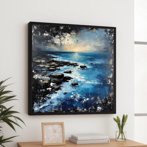 Coastal Sunset Canvas Wall Art Seascape Painting On Ocean Shoreline Decor Blue Water Moody Beach Landscape Ready To Hang