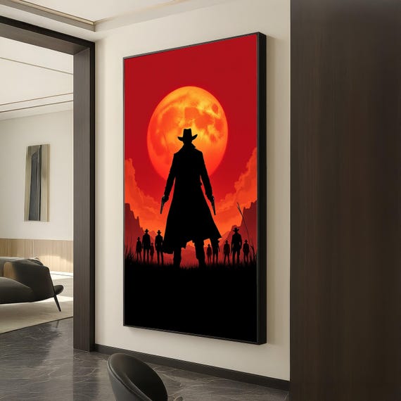 Western Cowboy Silhouette Canvas Red Sunset Moon Wall Art Wild West Gunslinger Dramatic Landscape Home Decor Ready To Hang