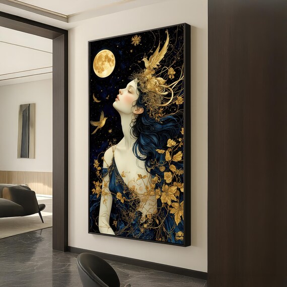 Moonlight Goddess Golden Birds Starry Night Sky Fantasy Art Poster