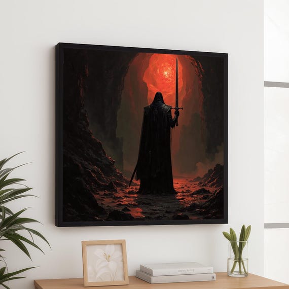 Dark Knight With Sword Gothic Cave Scene Canvas Fantasy Wall Art Medieval Warrior Dramatic Red Glow Decoration Epic Home