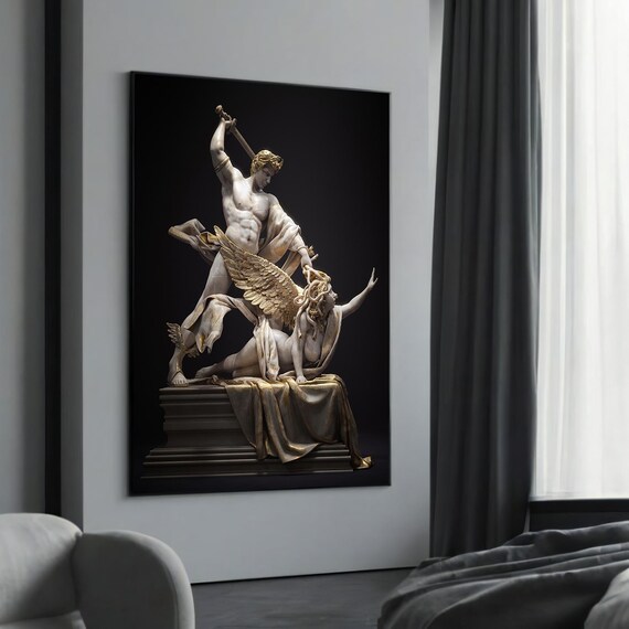 Classical Angel Statue Sword Winged Marble Sculpture Dramatic Wall Art
