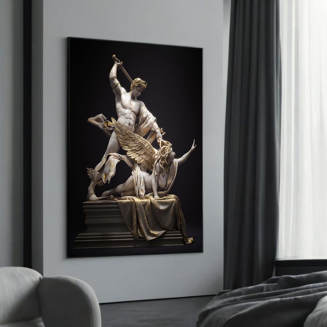 Classical Angel Statue Sword Winged Marble Sculpture Dramatic Wall Art