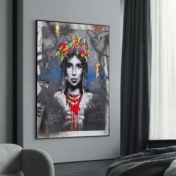 Graffiti Woman With Floral Crown Canvas Painting Bold Urban Street Art For Modern Home Decor And Flower Lovers
