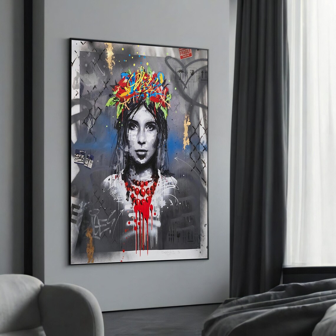 Graffiti Woman With Floral Crown And Bold Red Necklace Poster