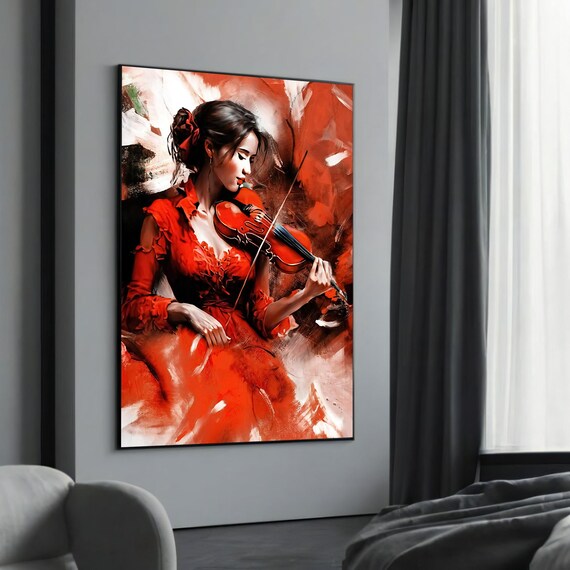 Fiery Violinist Red Dress Playing Passionate Music Art Poster