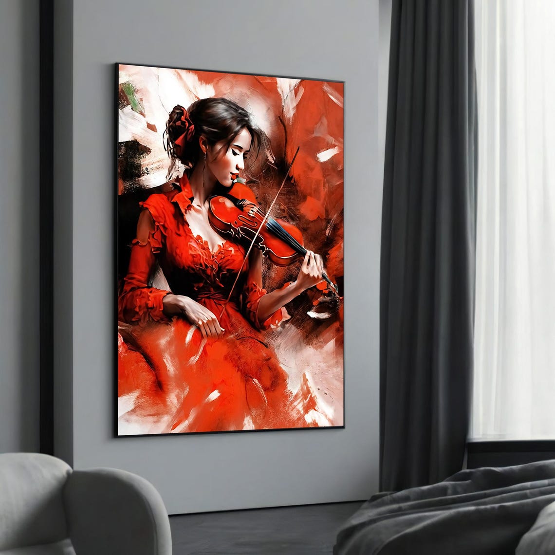 Fiery Violinist Red Dress Playing Passionate Music Art Poster