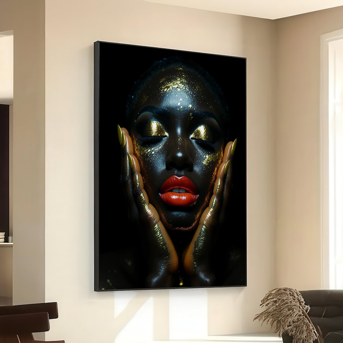 Black Skin Portrait Art Print, Bold Red Lips