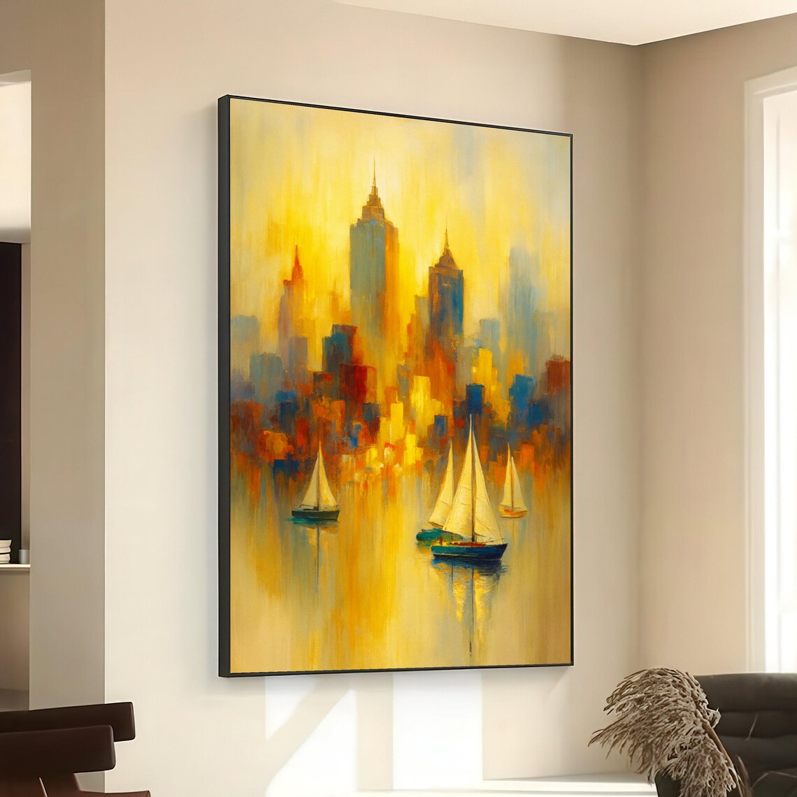 Golden City Skyline Sailboats On Water Warm Haze Abstract Urban Wall Art