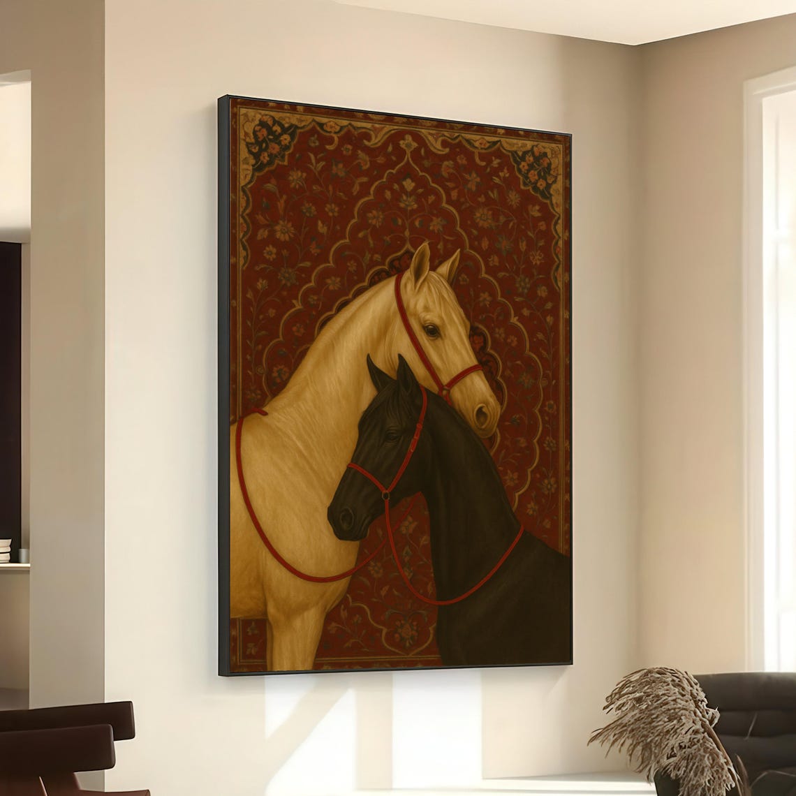 Black and White Horses Pair Red Bridle Floral Tapestry Poster