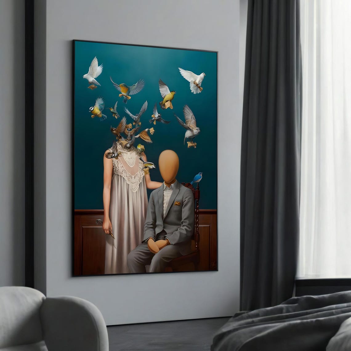 Surreal Faceless Couple With Flying Birds Dreamlike Art Poster
