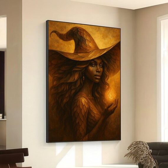 Enigmatic Golden Witch Portrait Mystic Fire Fantasy Magic Poster