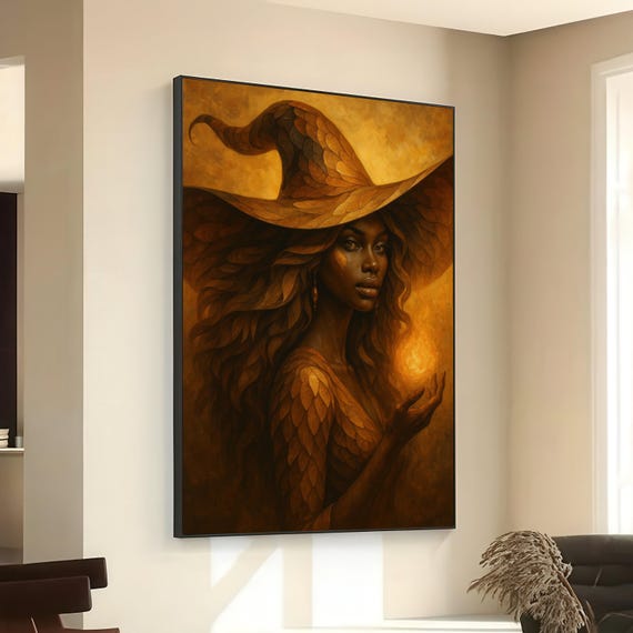 Enigmatic Witch Portrait Canvas Mystic Fantasy Wall Art Magical Woman Illustration Autumn Tones Home Decor Ready To Hang