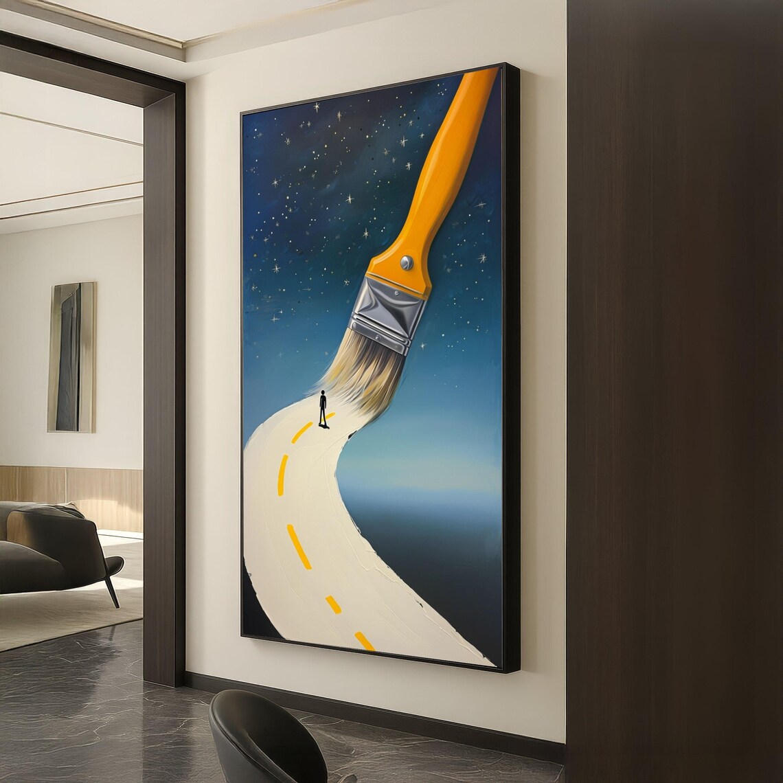Surreal Giant Paintbrush Road Starry Night Abstract Art Poster