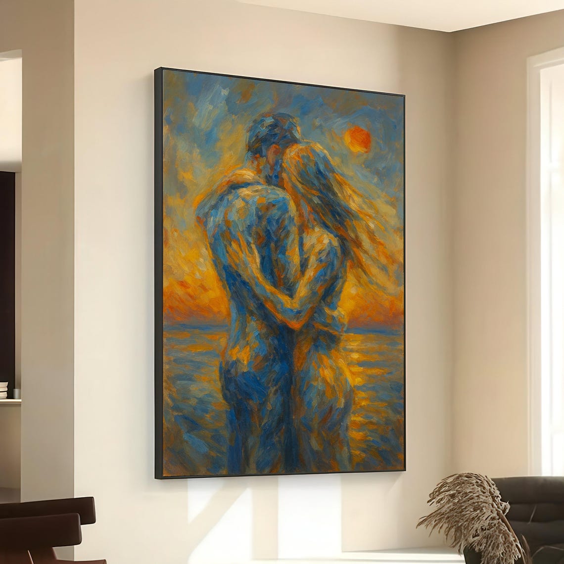 Romantic Sunset Embrace Couple By The Sea Blue Gold Art Poster