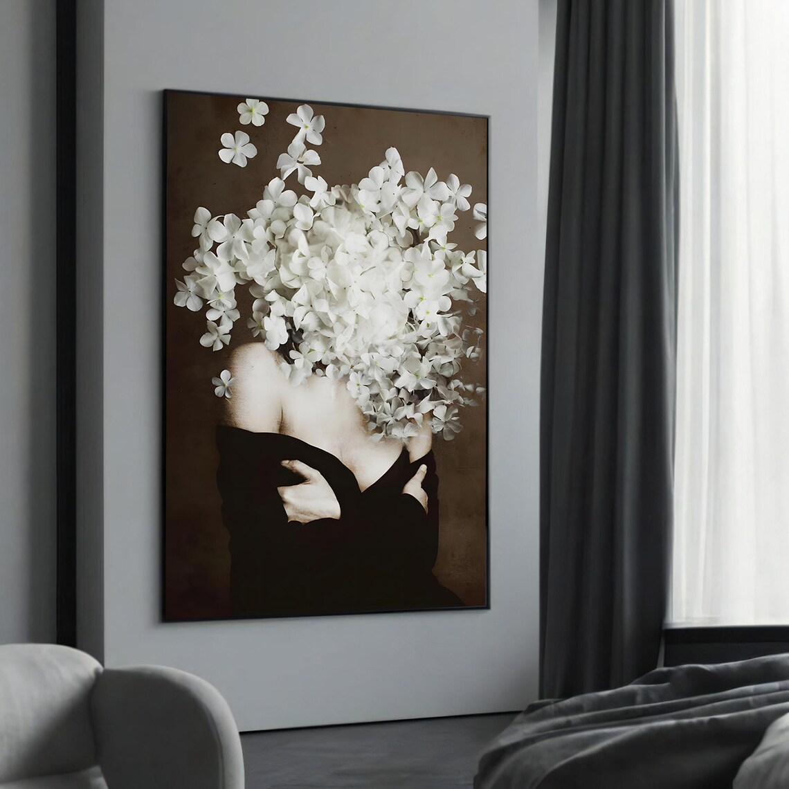 White Blossom Flower Head Woman Floral Surreal Bloom Art Poster