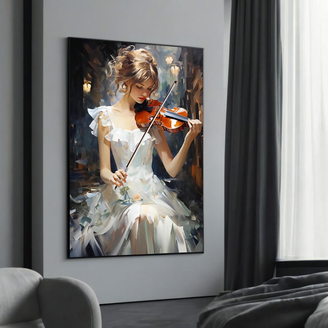 Elegant Woman Playing Violin White Dress Romantic Music Art Poster