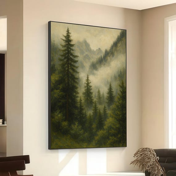 Misty Pine Forest Canvas Mountain Landscape Wall Art Foggy Woods Painting Nature Scene Rustic Home Decor