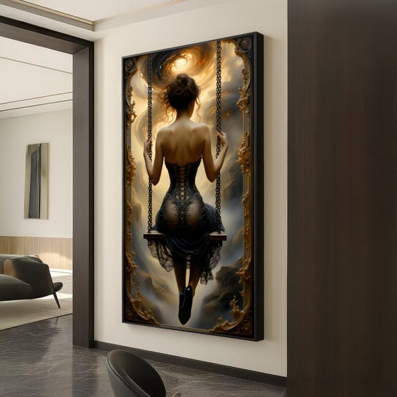 Elegant Woman On Swing Canvas Dark Corset Dress Art Fantasy Portrait Wall Decor Surreal Golden Sky Painting Home Decorative
