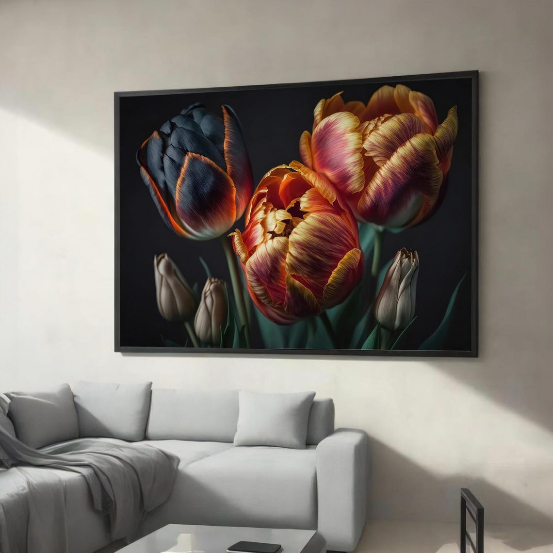 Dramatic Tulip Blooms in Red and Gold on Dark Background Art Poster