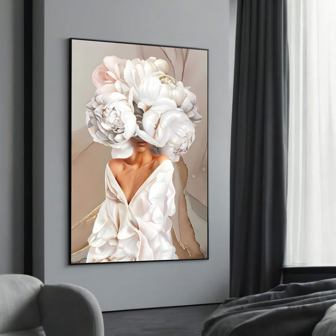 Elegant Woman with Floral Head Art Print Minimalist White Peony Style