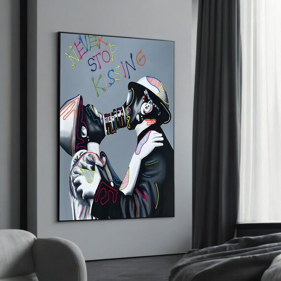 Never Stop Kissing Gas Mask Couple Neon Graffiti Love Poster