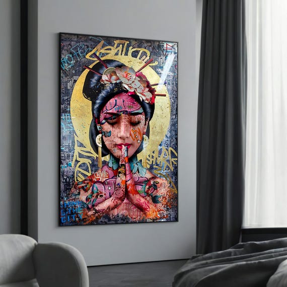 Serene Geisha Graffiti Canvas Painting A Bold Fusion Of Tradition And Street Art For Contemporary Home Decor Cultural Lovers