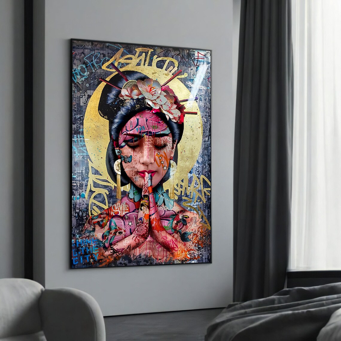 Geisha Graffiti Portrait Gold Halo Street Art Fusion Art Poster