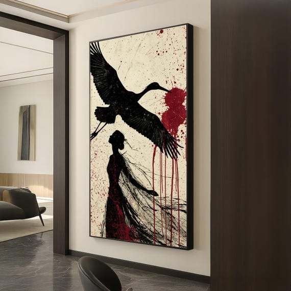 Dramatic Silhouette Canvas Woman With Bird Wall Art Abstract Black And Red Design Gothic Home Decor Artistic Print