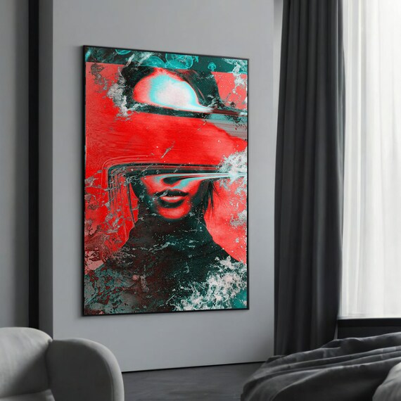 Abstract Red Teal Distorted Face Modern Urban Glitch Art Poster