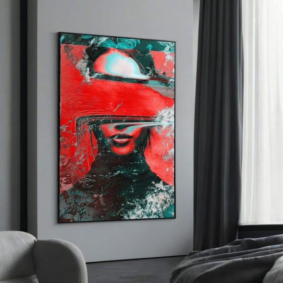 Abstract Red Teal Portrait Canvas Bold Distorted Face Art Modern Urban Wall Decor Framed And Ready To Hang