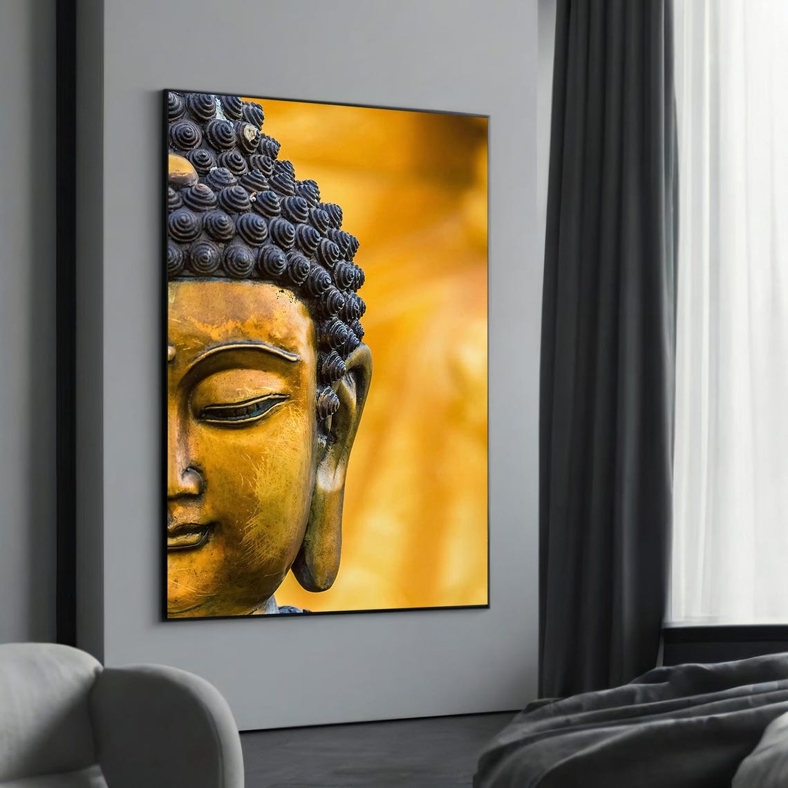 Golden Buddha Face Close Up on a Warm Radiant Amber Glow Poster