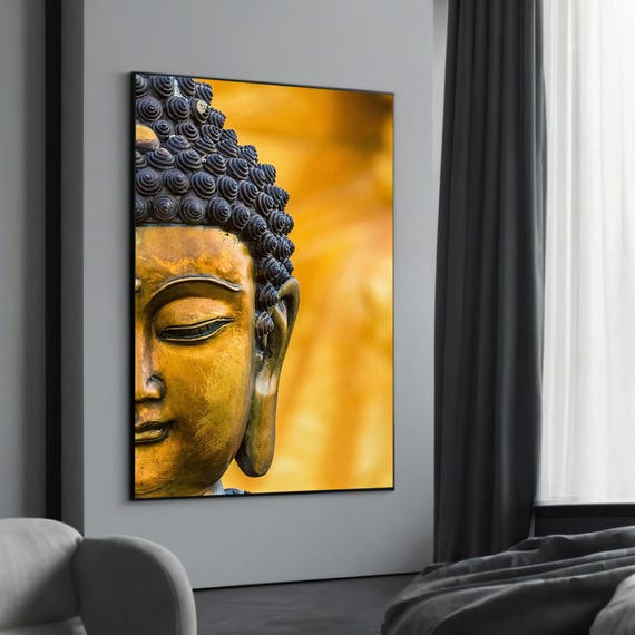 Golden Buddha Face Canvas Art Zen Spiritual Wall Decor Tranquil Meditation Artwork Home Ready To Hang