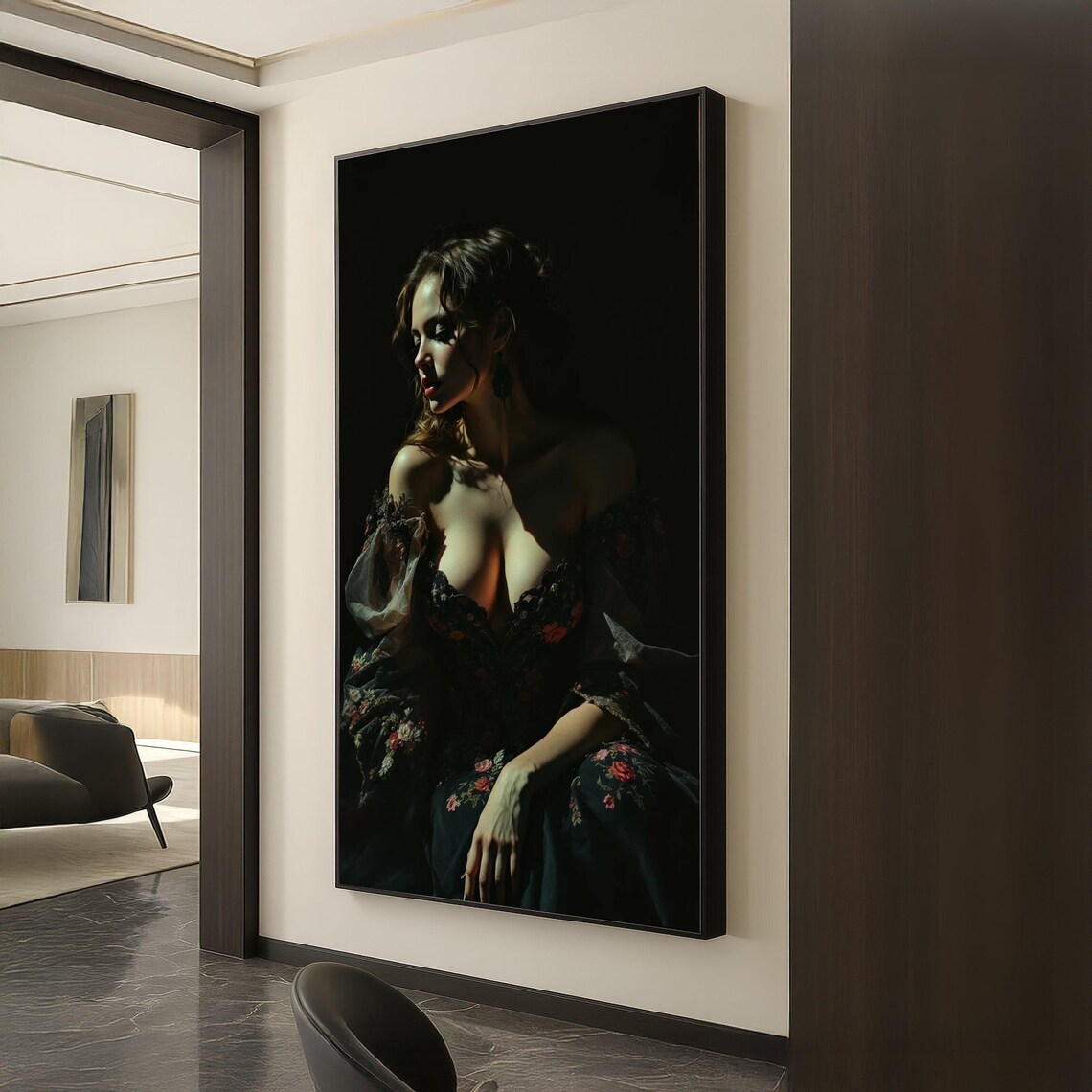 Elegant Woman Dark Moody Portrait Floral Dress Dramatic Light Poster