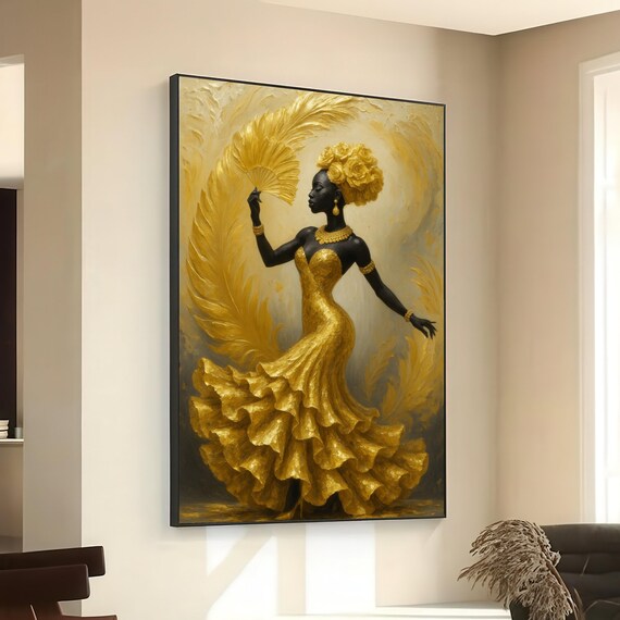 Golden Flamenco Dancer Black Woman Ruffle Gown Fan Art Poster